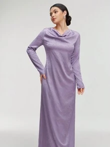 Veilorie Ladies' Elegant Floral Jacquard Long Sleeve Long Dress With V-Neck For Spring/Summer Modest - Dusty Purple - View 3
