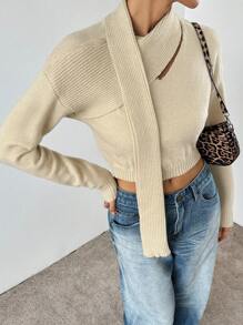 SHEIN Essnce Suéter de mujer de unicolor acanalado con cuello asimétrico, adecuado para otoño/invierno