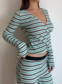 SHEIN BASICS 2pcs/Set Women Casual Knit Striped V-Neck Long Sleeve Fitted T-Shirt & Low Waist Flared Pants Set