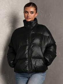 SHEIN BAE 女士纯色长袖拉链领休闲宽松冬季夹克 - 黑色 - 查看 6