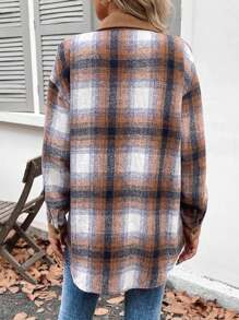 SHEIN LUNE Áo khoác ngoài thanh lịch, cổ bẻ, vải kẻ caro cổ điển, viền bất đối xứng, cài nút phía trước, mặc đi làm thường ngày, dành cho nữ, mùa thu/đông - Nhiều màu - Xem 2