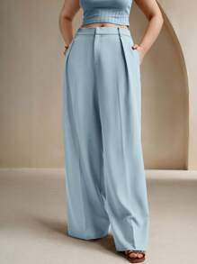 Anewsta Plus Size Women Navy Blue Casual Office Elegant Fashion Straight-Leg Suit Pants