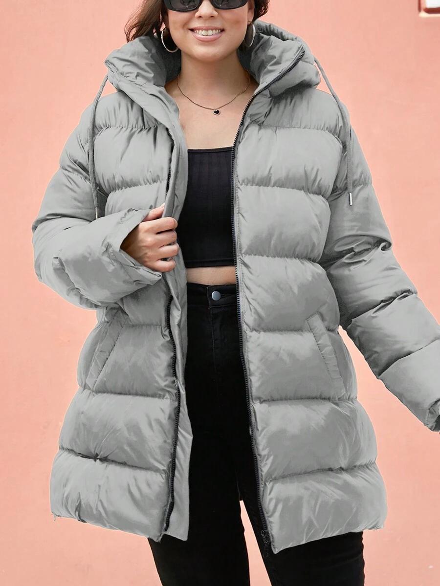 SHEIN Plus Size Zip Up Drawstring Hooded Padded Coat - Light Grey - View 1