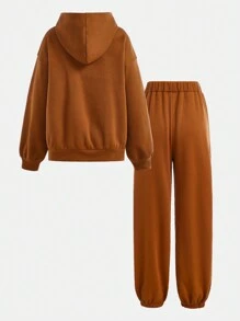 SHEIN 2 件套青少年女孩纯色字母印花拉链连帽衫和运动裤休闲秋季服装 - 棕色 - 查看 2