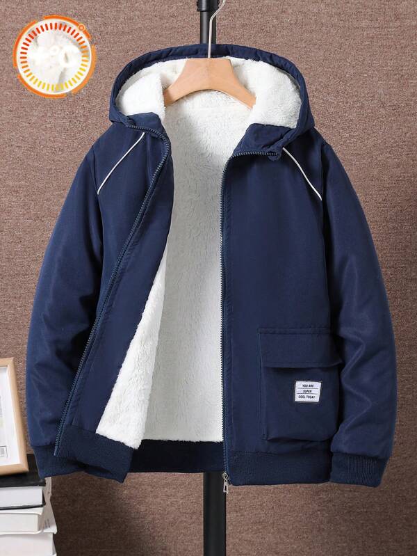 SHEIN Tween Boy Casual Warm Thermal Lined Zip-Up Hooded Jacket For Winter