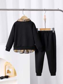 SHEIN 2pcs/Set Young Boy's Casual Preppy Style Outfit, Featuring Unique Black Plaid Splice Top Paired With Black Pants.