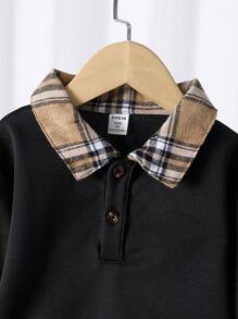 SHEIN 2pcs/Set Young Boy's Casual Preppy Style Outfit, Featuring Unique Black Plaid Splice Top Paired With Black Pants.