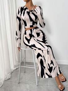 RosyDaze 2 件套女士弹力印花高领褶皱连衣裙，牛奶质感 - 杏色 - 查看 4