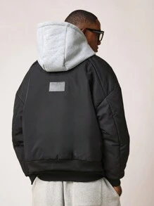 SUMWON Oversized Bomber Jacket With Removable Grey Hood Quilted Winter Flight Jacket Streetwear Athletic Zip Up Outerwear With Arm Pocket - Black - View 4