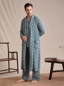 1pc Men's Long Sleeve All Over Print Pocket Sleepwear Robe, Casual Everyday Wear