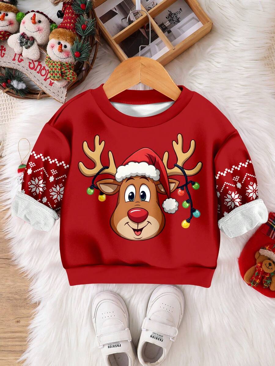 SHEIN Young Boys Casual Minimalist Christmas Elements Graphic Loose Fit Crew Neck Comfortable Knit Sweatshirt, Suitable For Autumn And Winter