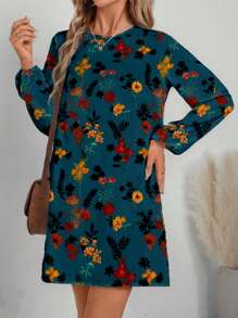 SHEIN LUNE 女式休闲优雅海军蓝花卉印花连衣裙 - 彩色 - 查看 1