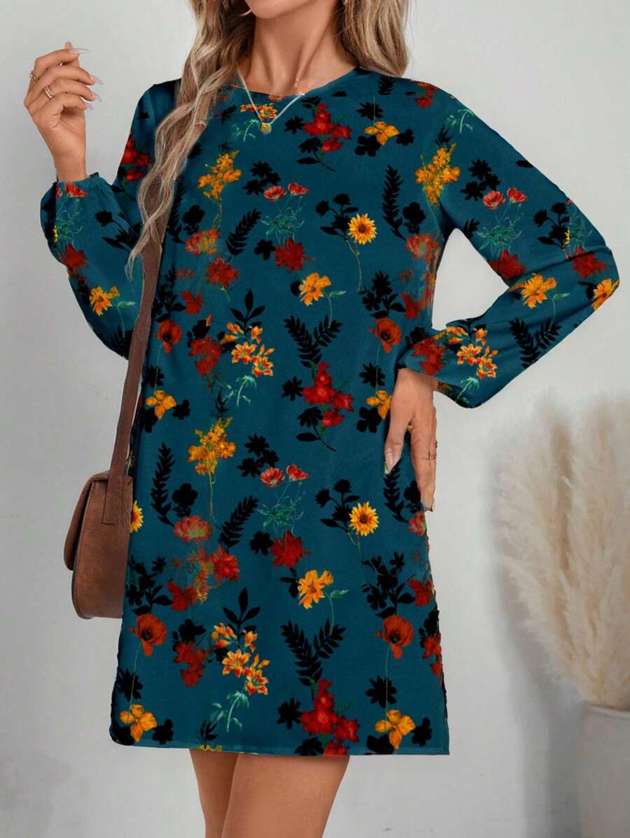 SHEIN LUNE 女式休闲优雅海军蓝花卉印花连衣裙 - 彩色 - 查看 1