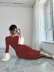 Elenzga Gaun Sweater Wanita Lengan Lebar Warna Kontras, Pakaian Musim Gugur untuk Wanita - Burgundy - View 7