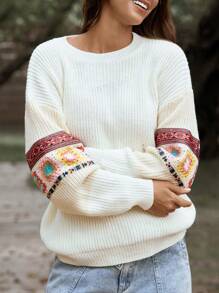 LanaWest Women Long Sleeve Round Neck Geometric Embroidery Sweater, Autumn/Winter, Knit Pullover Fall - Apricot - View 1
