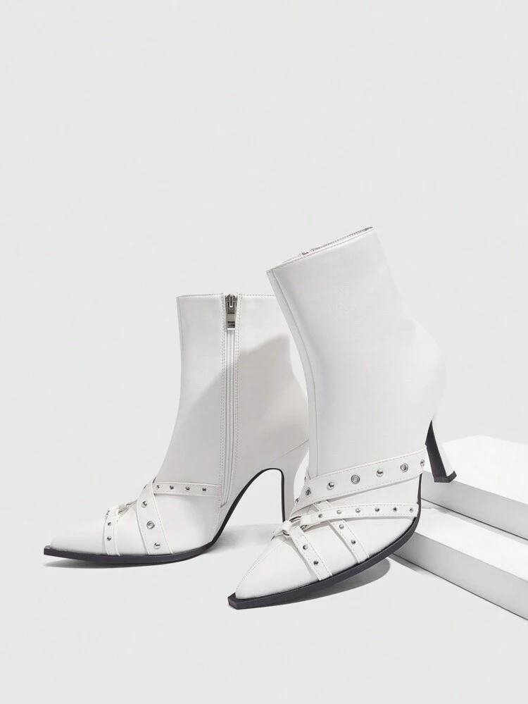 CUCCOO SZL Women's Sexy Fashion Belt Strap Rivet Decor Casual Versatile Side Zipper White High Heel Ankle Boots