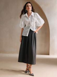 Anewsta 1 件女士优雅泡泡袖花卉珍珠串珠装饰透明女式衬衫