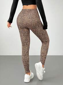 SHEIN PETITE Women's High Waist High Stretch Skinny Leopard Print Fleece Leggings - Brown - View 2