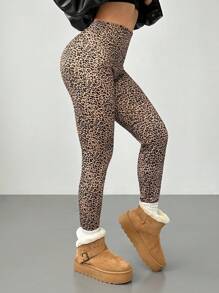 SHEIN PETITE Women's High Waist High Stretch Skinny Leopard Print Fleece Leggings - Brown - View 4
