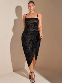 SHEIN BAE Plus Size Women's Elegant Flocking Graceful Midi Pleated Dress Suitable For Daily Date,Valentine's Day, Lace, Minimalism,Women Party Wear,Occasion Dress, Fall,Tulle Dress,Curve,Elegant, Cocktail Dress, Party, Night Out, Pleated, Slit, Sexy, Suspender Dress, Birthday Party, Holiday,Long Skirt,Afternoon Tea, Evening Dress, For Winter,Party Dress - Black - View 2