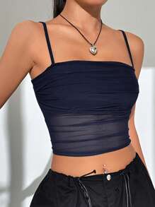 SHEIN EZwear ArmyGreen Summer Tops Solid Ruched Mesh Cami Top - Navy Blue - View 6