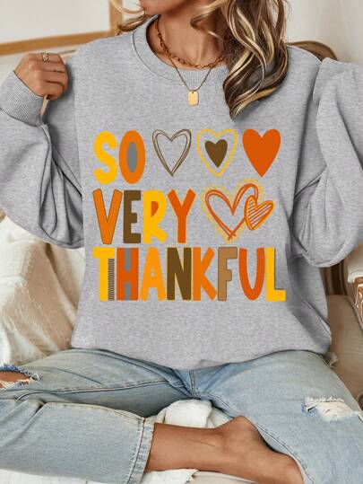 SHEIN Essnce Women Casual Minimalist Heart And Letter Print Crew Neck Loose Fit Thick Sweatshirt, Suitable For Thanksgiving Autumn/Winter
