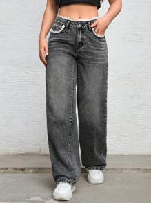 SHEIN EZwear 女式休闲蕾丝拼布前拉链直筒牛仔裤