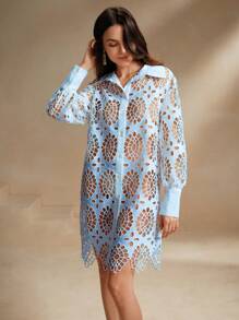 Anewsta Vestido casual de vacaciones con bordado floral, diseño calado, cuello y mangas farol - Azul - Ver 3