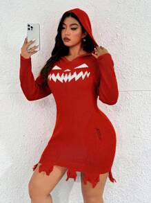 Flirla Plus Size Colorblock Geometric Pattern Ripped Fitted Hooded Sweater Dress, Casual For Autumn/Winter - Red - View 5