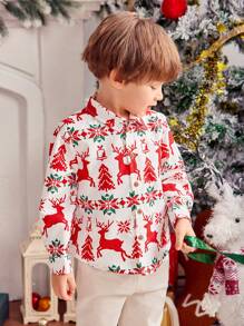 1pc Young Boy Fashionable Casual Cute Style Christmas-Themed Collared Long Sleeve Shirt - Multicolor - View 4