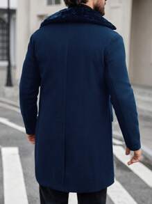 Manfinity Roughcore Men's Solid Color Patchwork Fluffy Lapel Neck Double Breasted Long Sleeve Overcoat, Autumn/Winter - Navy Blue - View 2