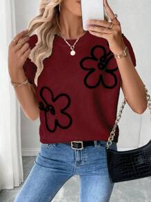 SHEIN LUNE Floral Pattern Wide Strap Short Sleeve Knit Sweater Top For Women For New Year Clothes