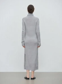 SHEIN LUNE 女士休闲简约纯色高领开衩下摆毛衣裙，秋冬 - 淺灰色 - 查看 2