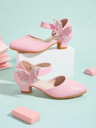 Barn med spetsad tå ihåliga kilklackar Komfortskor med rhinestone rosettdekor, rosa, sött mode för tjejer, lämplig för vår, sommar och höst