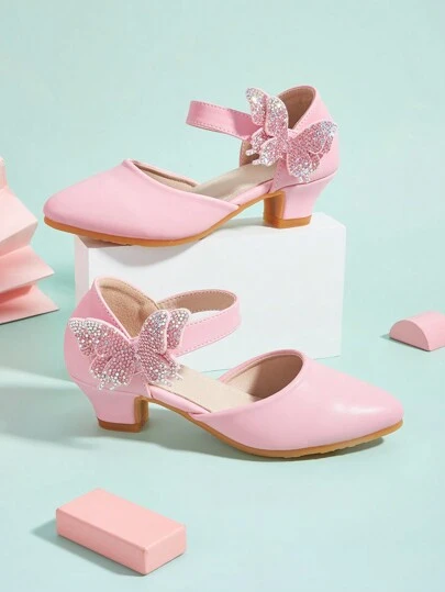 儿童尖头镂空坡跟高跟鞋舒适鞋，带水钻蝴蝶结装饰，粉色，女孩可爱时尚，适合春夏秋季