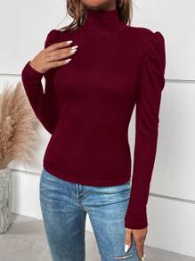 SHEIN Clasi Solid Button Back High Neck Puff Sleeve Tee