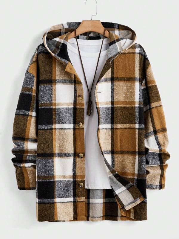 EASEVO Plus Size Men's Casual Plaid Hooded Shacket, Autumn/Winter