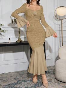 Modelyn 女士长款针织纹理拼接 3D 花卉修身鱼尾下摆优雅连衣裙长款晚礼服 - 棕色 - 查看 6