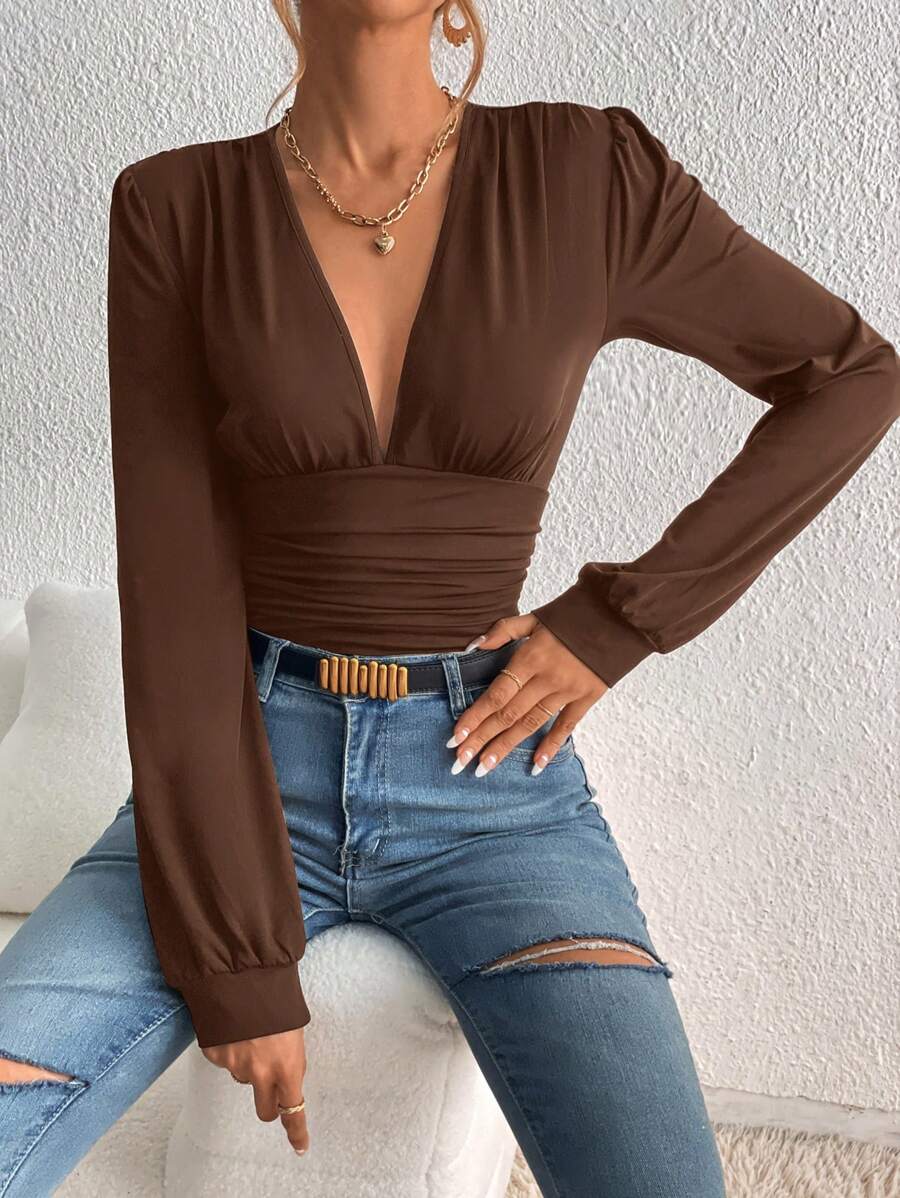 SHEIN Tall 1 bộ đồ liền thân cổ chữ V màu trơn thanh lịch cho nữ, eo nhún bèo, xuân thu - màu nâu - Xem 1