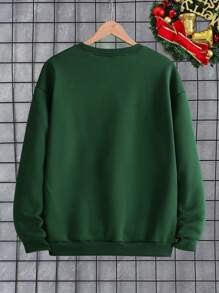 Christmas Men Casual "Merry Christmas" Colorful Light Stripe Letter Graphic Print Fleece Crew Neck Sweatshirt, Suitable For Christmas Family Party, Autumn/Winter - Dark Green - View 2