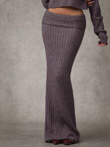 SHEIN BAE 女士纯色罗纹针织休闲裙秋季女式毛衣女式毛衣裙秋季女装冬季服装万圣节毛衣灰色翻腰毛衣长裙