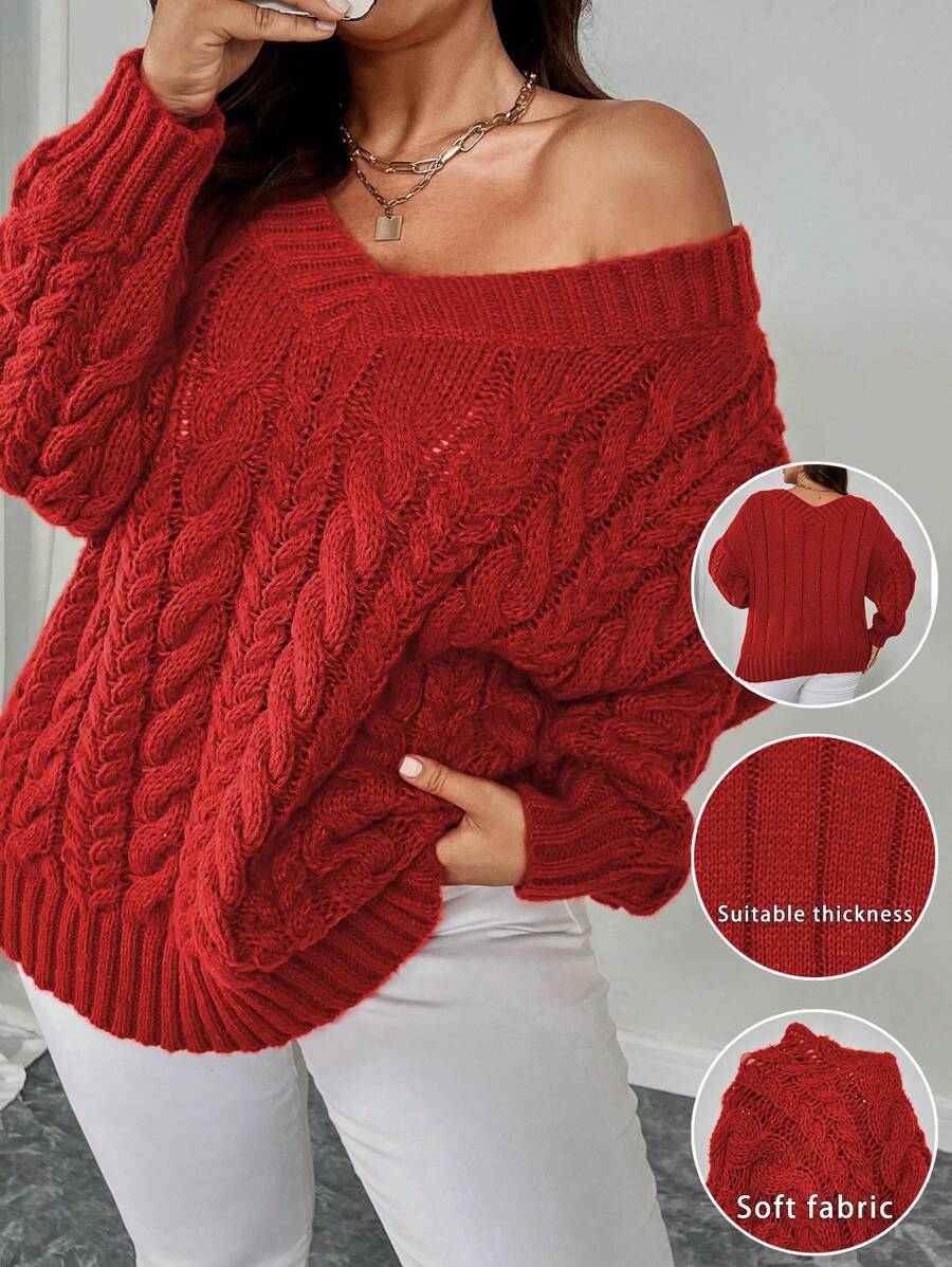 Celure Plus Size Women Casual V-Neck Cable Knit Loose Sweter, Odpowiedni Na Jesień, Zimę I Nowy Rok Ubrania