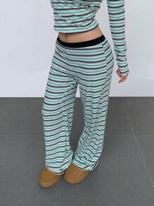 SHEIN BASICS 2pcs/Set Women Casual Knit Striped V-Neck Long Sleeve Fitted T-Shirt & Low Waist Flared Pants Set