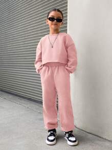 SHEIN Tween Girl Loose Solid Retro Cropped Crew Neck Hoodie And Sweatpants Casual 2 Pieces Set