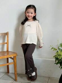 DAZY Young Girls Printed Crew Neck Knit T-Shirt, Young Girl Fall Clothes - Apricot - View 4