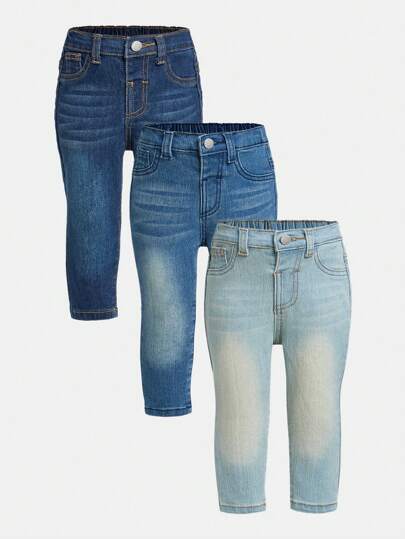 SHEIN Baby Girl Elastic Fitted Rinsed Dark & Light Blue 3-Piece Set, Rinsed Comfortable Soft Denim Pants Chic Outfits For Autumn/Winter