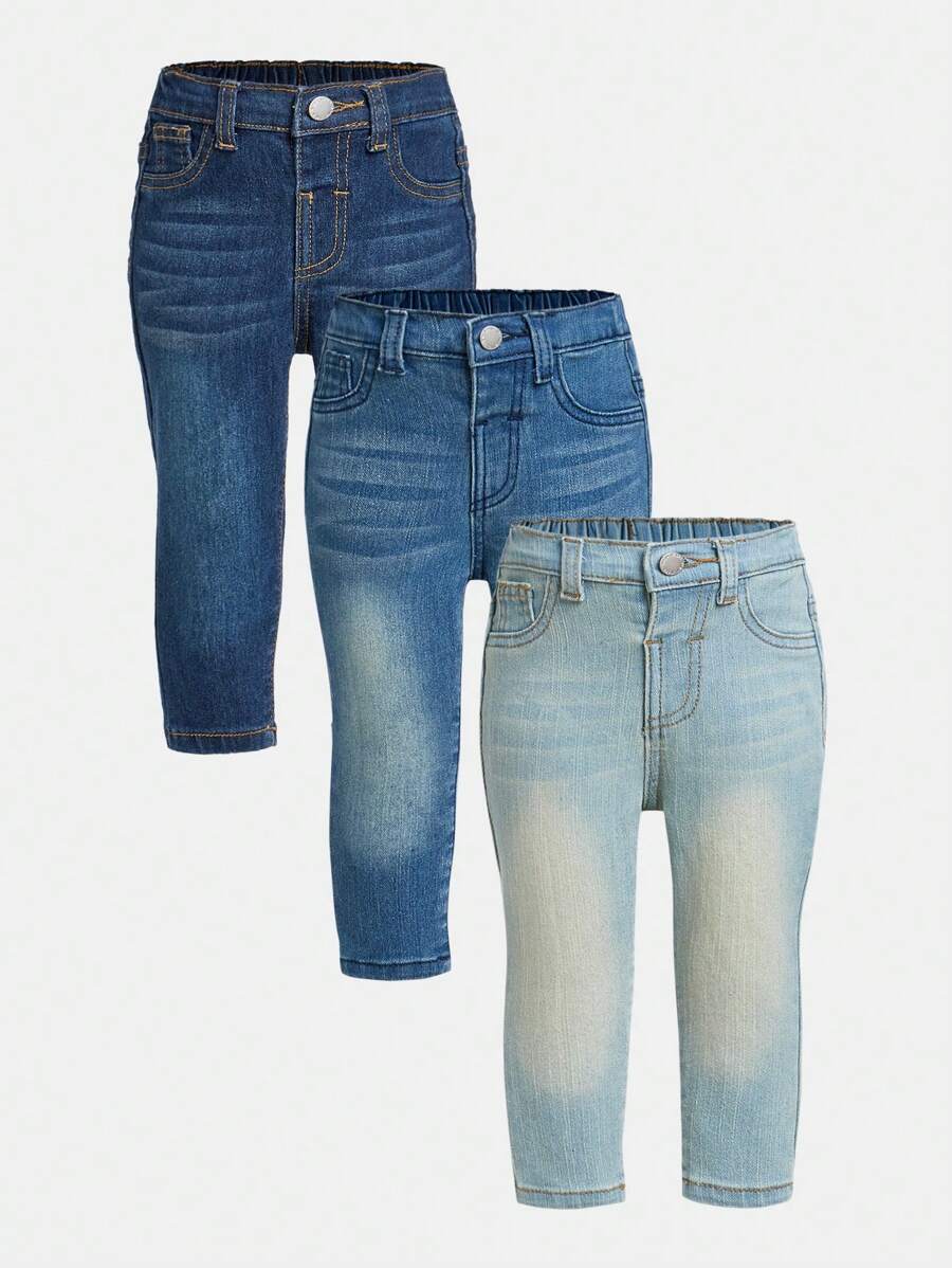 SHEIN Baby Girl Elastic Fitted Rinsed Dark & Light Blue 3-Piece Set, Rinsed Comfortable Soft Denim Pants Chic Outfits For Autumn/Winter - Multicolor - View 1