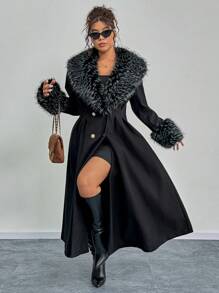 EMERY ROSE Plus Size Women Elegant Long Fur Collar & Cuff Winter Coat - Black - View 3
