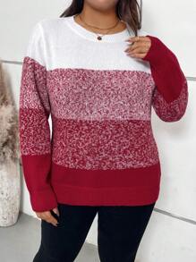 SHEIN LUNE Plus Size Women Casual Contrast Color Pullover Sweater, For Winter - Red - View 4