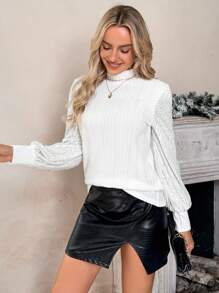 SHEIN LUNE 1 件女式毛绒罗纹袖亮片装饰 T 恤，修身剪裁，适合圣诞派对场合、冬季 - 白色 - 查看 3